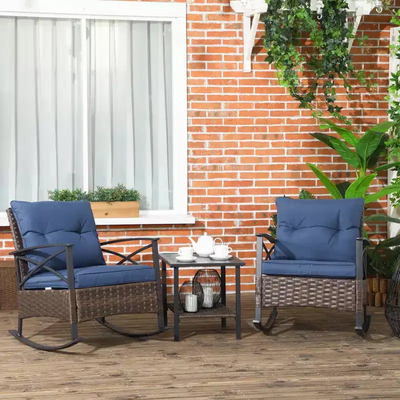 Ensemble de 3 chaises à bascule de patio, ensemble de bistro extérieur en osier avec 2 fauteuils à bascule de porche rembourrés surdimensionnés et table basse à 2 niveaux pour jardin, porche