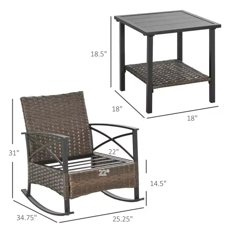 Ensemble de 3 chaises à bascule de patio, ensemble de bistro extérieur en osier avec 2 fauteuils à bascule de porche rembourrés surdimensionnés et table basse à 2 niveaux pour jardin, porche