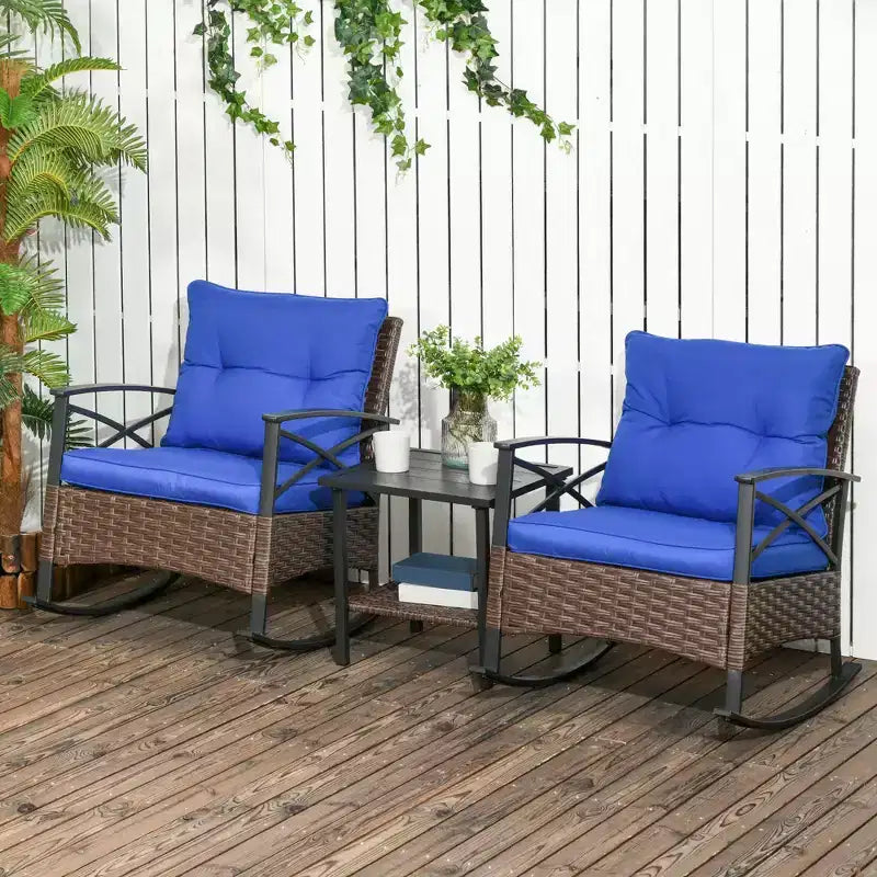 Ensemble de 3 chaises à bascule de patio, ensemble de bistro extérieur en osier avec 2 fauteuils à bascule de porche rembourrés surdimensionnés et table basse à 2 niveaux pour jardin, porche