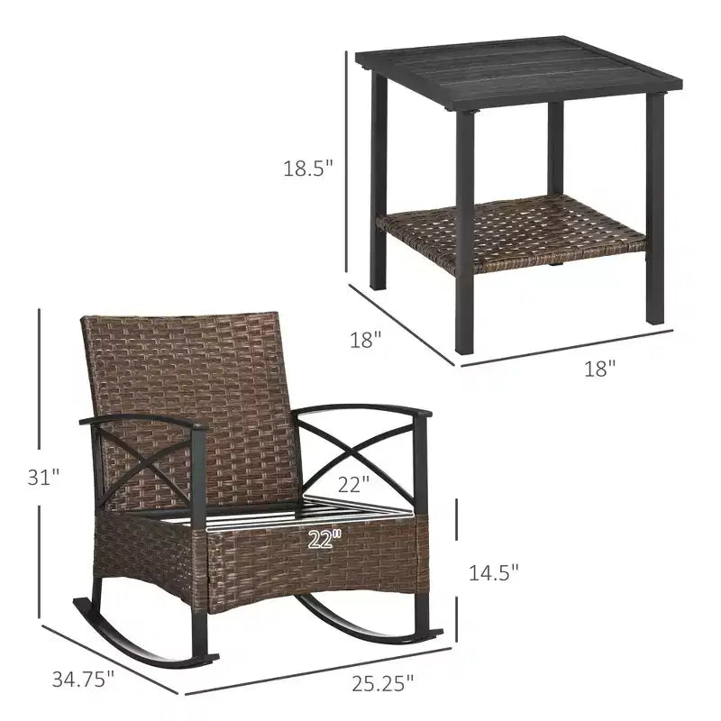 Ensemble de 3 chaises à bascule de patio, ensemble de bistro extérieur en osier avec 2 fauteuils à bascule de porche rembourrés surdimensionnés et table basse à 2 niveaux pour jardin, porche