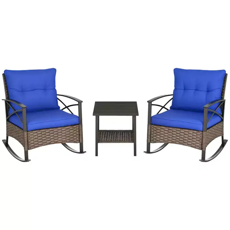 3 Piece Patio Rocking Chair Set, Outdoor Wicker Bistro Set with 2 Oversize Cushioned Porch Rockers and 2 Tier Coffee Table for Garden, Porch