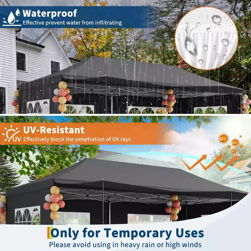 Tente canopy pop-up commerciale robuste 10x20 avec sac à roulettes, 6 parois latérales amovibles, pieds épaissis améliorés et 6 sacs de sable, gris