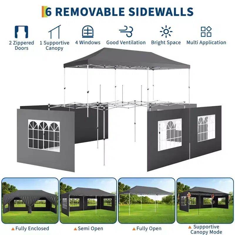 Tente canopy pop-up commerciale robuste 10x20 avec sac à roulettes, 6 parois latérales amovibles, pieds épaissis améliorés et 6 sacs de sable, gris