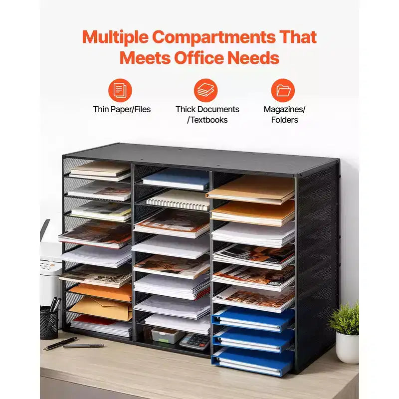 Organisateur de courrier VEVOR, casier de bureau métallique 27 compartiments avec grillage amovible, trieur de courrier avec dessus en bois, noir