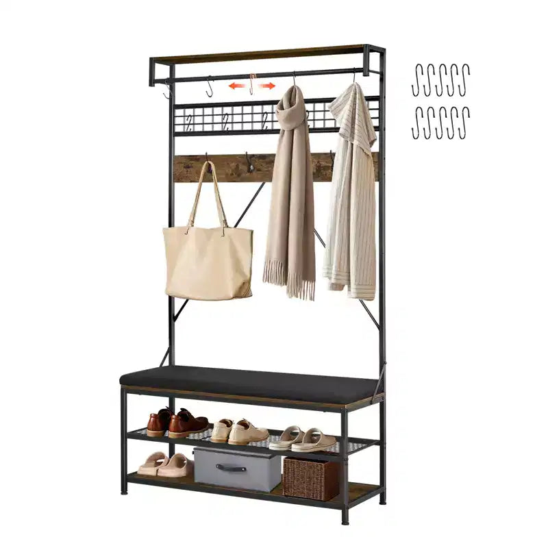 Vestiaire VEVOR, portemanteau 72 po avec banc à chaussures, étagère à chaussures autoportante 2 niveaux organiseur avec crochets, barre et étagère métallique, marron et noir