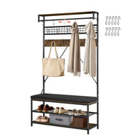 Vestiaire VEVOR, portemanteau 72 po avec banc à chaussures, étagère à chaussures autoportante 2 niveaux organiseur avec crochets, barre et étagère métallique, marron et noir