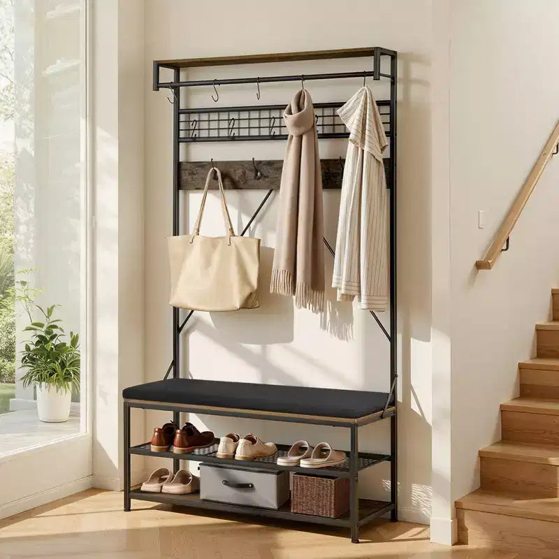 Vestiaire VEVOR, portemanteau 72 po avec banc à chaussures, étagère à chaussures autoportante 2 niveaux organiseur avec crochets, barre et étagère métallique, marron et noir