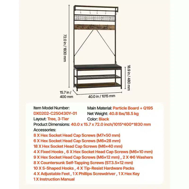 Vestiaire VEVOR, portemanteau 72 po avec banc à chaussures, étagère à chaussures autoportante 2 niveaux organiseur avec crochets, barre et étagère métallique, marron et noir