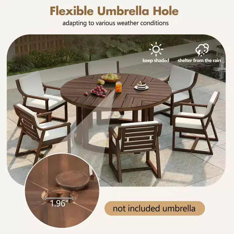 Whisen Table à manger de patio ronde extérieure 59 avec trou pour parasol, bois d'acacia, plateau ajouré assemblé, pieds robustes