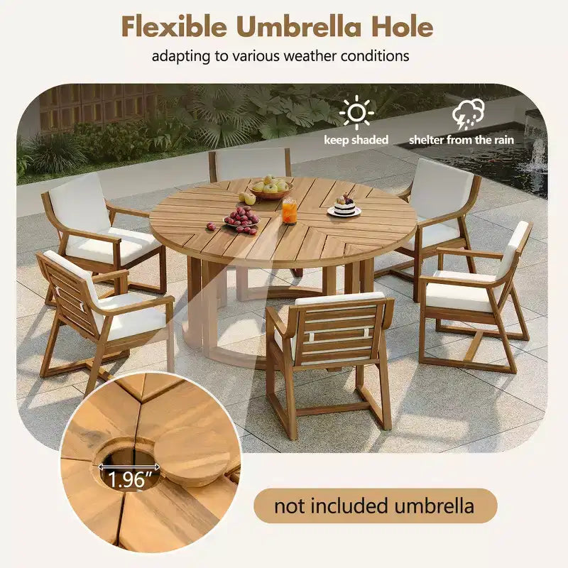 Whisen Table à manger de patio ronde extérieure 59 avec trou pour parasol, bois d'acacia, plateau ajouré assemblé, pieds robustes