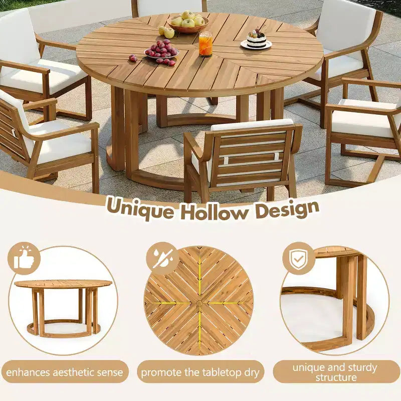 Whisen Table à manger de patio ronde extérieure 59 avec trou pour parasol, bois d'acacia, plateau ajouré assemblé, pieds robustes