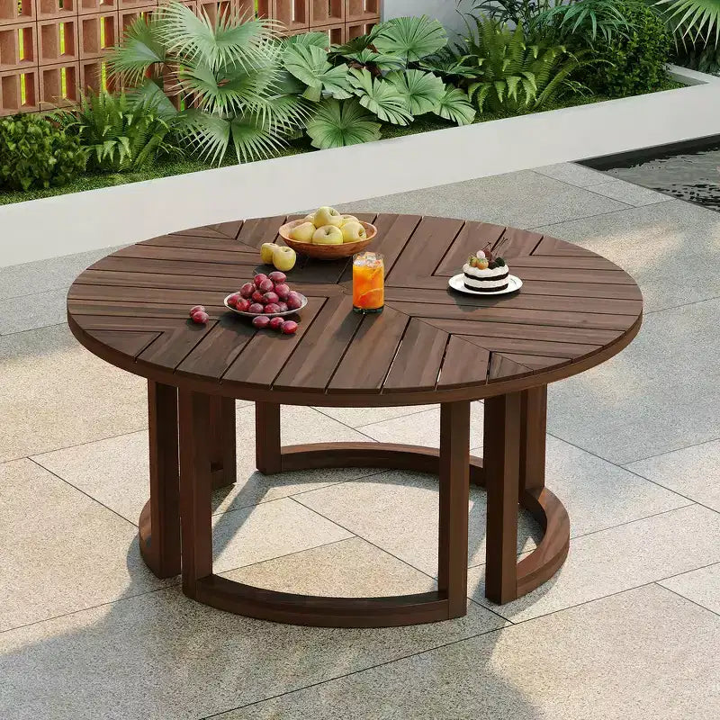 Whisen Table à manger de patio ronde extérieure 59 avec trou pour parasol, bois d'acacia, plateau ajouré assemblé, pieds robustes