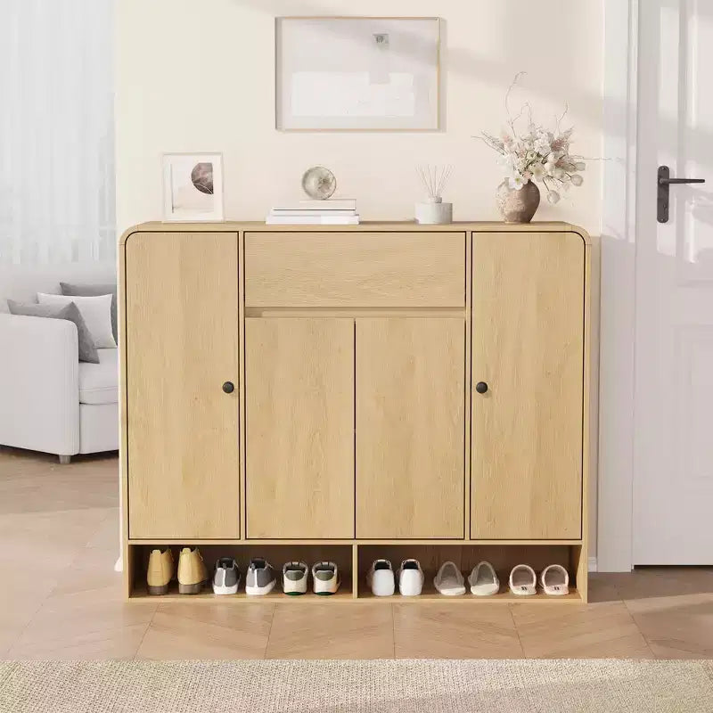 Meuble à chaussures 47,2 po avec 4 portes et 1 tiroir, organisateur d'entrée grande capacité à coins arrondis, meuble à chaussures étroit pour couloir, salon