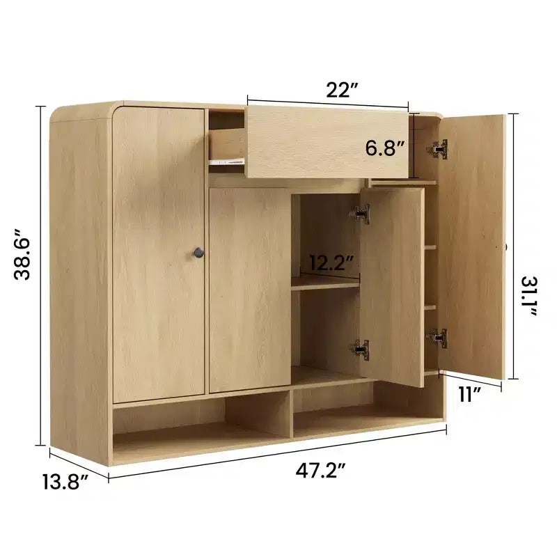 Meuble à chaussures 47,2 po avec 4 portes et 1 tiroir, organisateur d'entrée grande capacité à coins arrondis, meuble à chaussures étroit pour couloir, salon