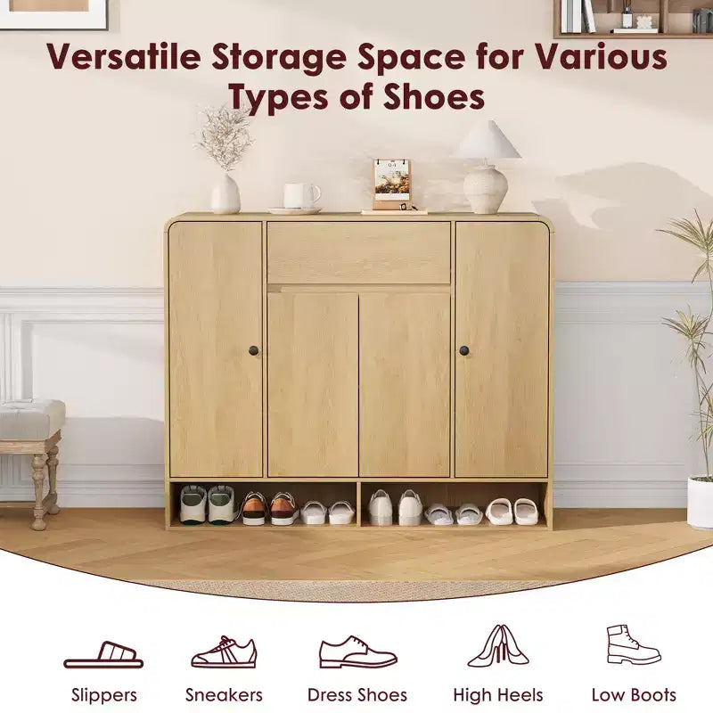 Meuble à chaussures 47,2 po avec 4 portes et 1 tiroir, organisateur d'entrée grande capacité à coins arrondis, meuble à chaussures étroit pour couloir, salon