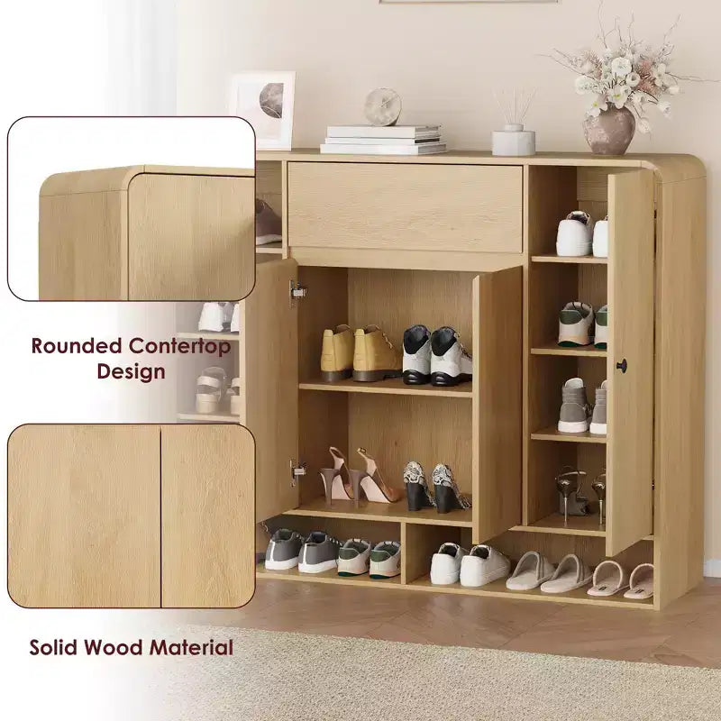 Meuble à chaussures 47,2 po avec 4 portes et 1 tiroir, organisateur d'entrée grande capacité à coins arrondis, meuble à chaussures étroit pour couloir, salon