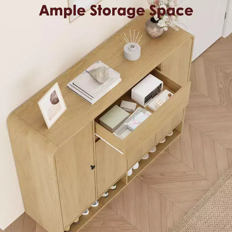 Meuble à chaussures 47,2 po avec 4 portes et 1 tiroir, organisateur d'entrée grande capacité à coins arrondis, meuble à chaussures étroit pour couloir, salon