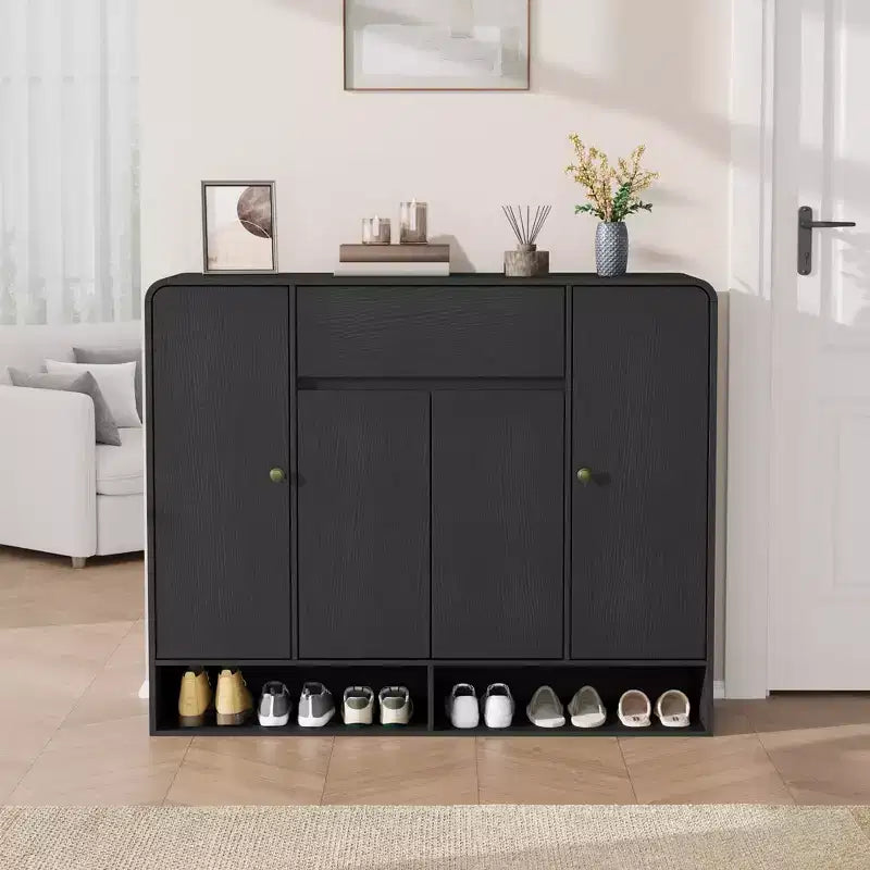 Meuble à chaussures 47,2 po avec 4 portes et 1 tiroir, organisateur d'entrée grande capacité à coins arrondis, meuble à chaussures étroit pour couloir, salon