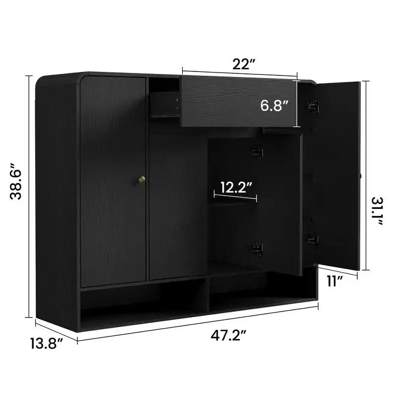 Meuble à chaussures 47,2 po avec 4 portes et 1 tiroir, organisateur d'entrée grande capacité à coins arrondis, meuble à chaussures étroit pour couloir, salon