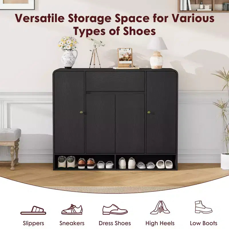 Meuble à chaussures 47,2 po avec 4 portes et 1 tiroir, organisateur d'entrée grande capacité à coins arrondis, meuble à chaussures étroit pour couloir, salon