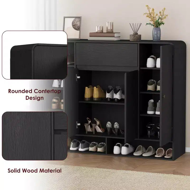 Meuble à chaussures 47,2 po avec 4 portes et 1 tiroir, organisateur d'entrée grande capacité à coins arrondis, meuble à chaussures étroit pour couloir, salon