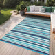 Tapis d'extérieur réversible en plastique étanche 8x10, à rayures colorées, pliable pour patio, camping-car, terrasse, pique-nique, véranda, caravane, balcon, bleu