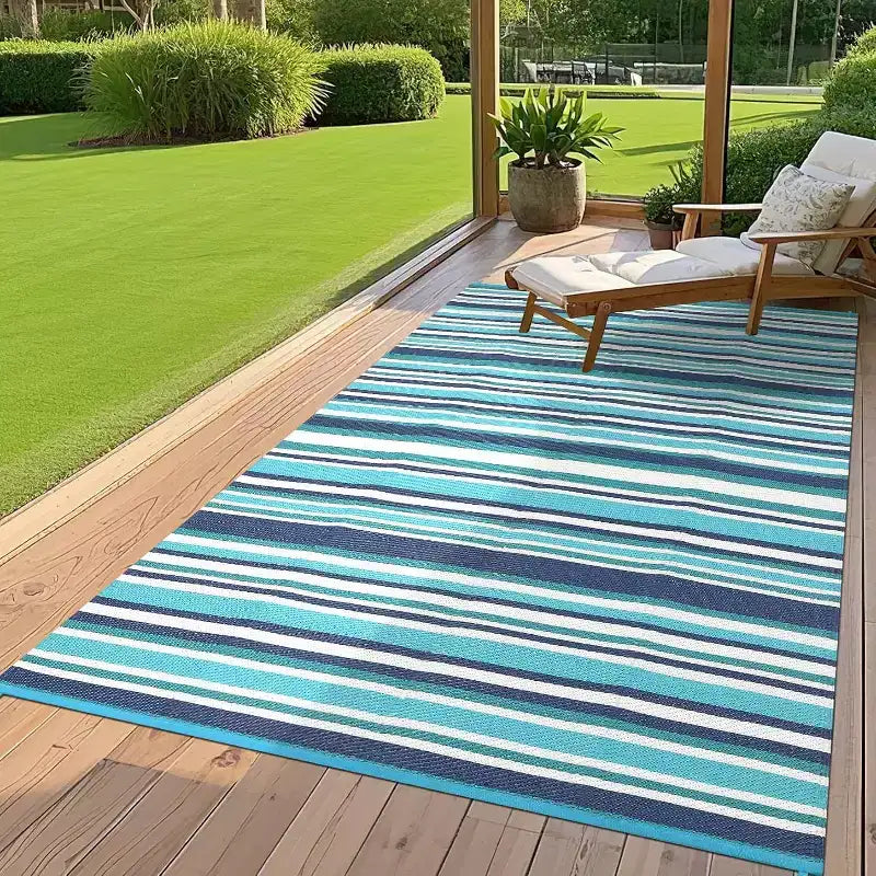 Tapis d'extérieur réversible en plastique étanche 8x10, à rayures colorées, pliable pour patio, camping-car, terrasse, pique-nique, véranda, caravane, balcon, bleu
