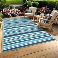 Tapis d'extérieur réversible en plastique étanche 8x10, à rayures colorées, pliable pour patio, camping-car, terrasse, pique-nique, véranda, caravane, balcon, bleu