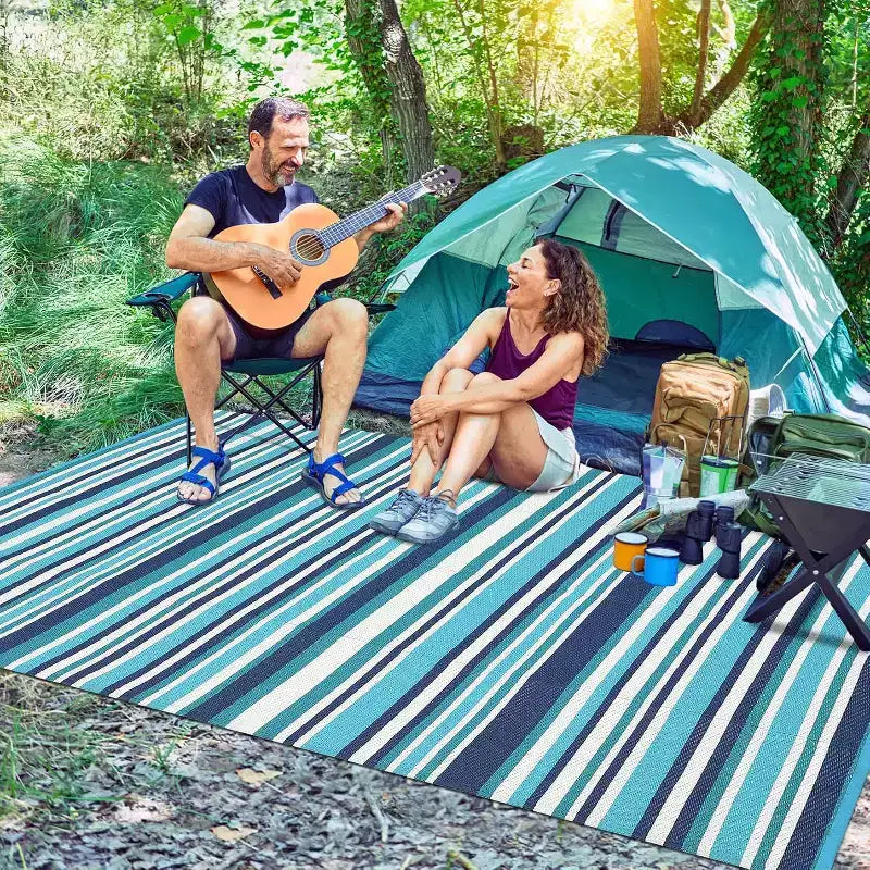 Tapis d'extérieur réversible en plastique étanche 8x10, à rayures colorées, pliable pour patio, camping-car, terrasse, pique-nique, véranda, caravane, balcon, bleu