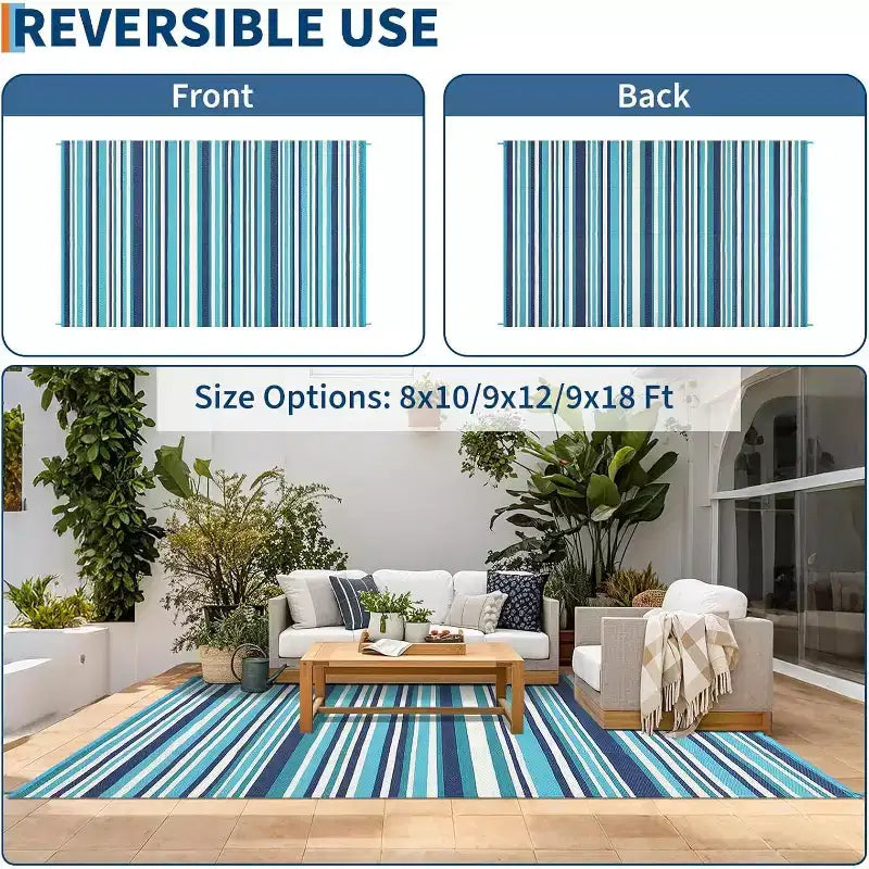 Tapis d'extérieur réversible en plastique étanche 8x10, à rayures colorées, pliable pour patio, camping-car, terrasse, pique-nique, véranda, caravane, balcon, bleu