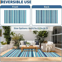 Tapis d'extérieur réversible en plastique étanche 8x10, à rayures colorées, pliable pour patio, camping-car, terrasse, pique-nique, véranda, caravane, balcon, bleu