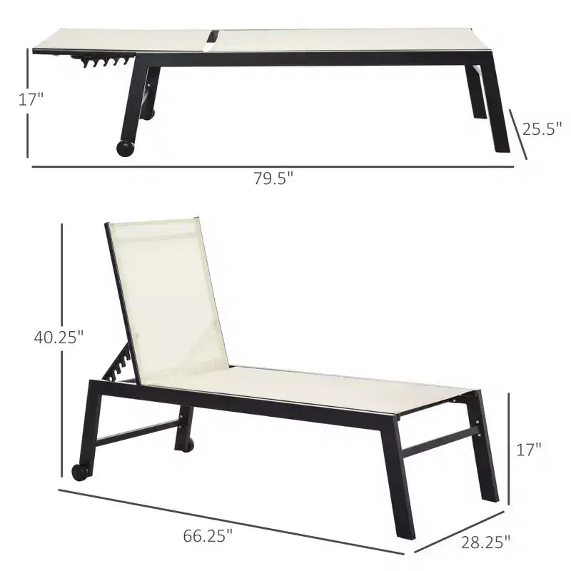 Chaise longue extérieure, transat de patio avec dossier inclinable 5 positions et 2 roues