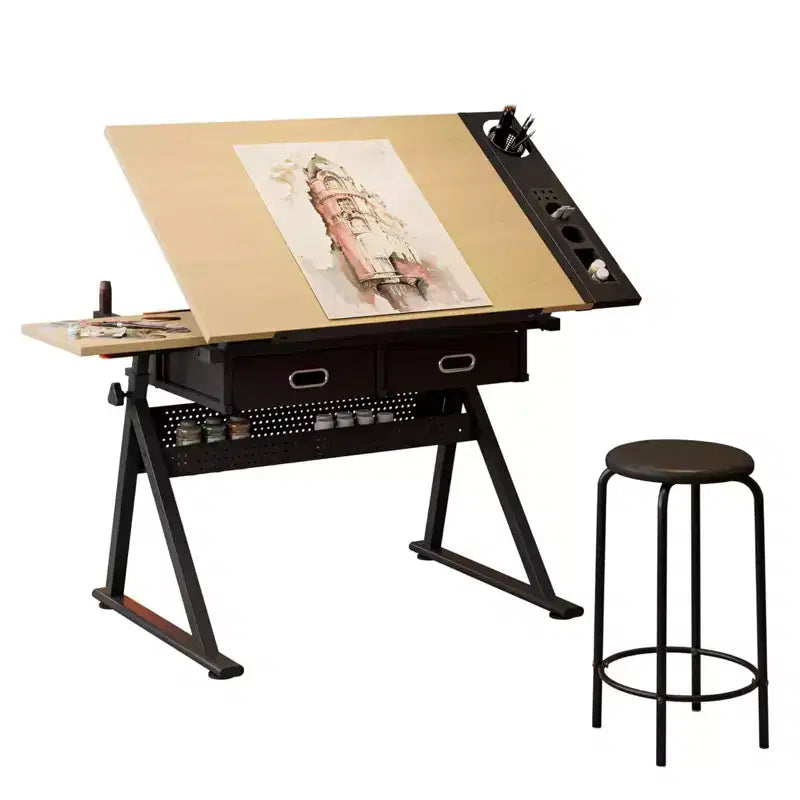 Table à dessin réglable en hauteur, table de dessin inclinable 0-75, bureau d'art pour adultes, bureau d'artiste avec 2 tiroirs de rangement, avec tabouret