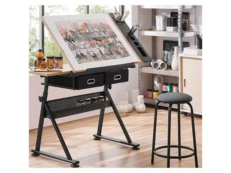 Table à dessin réglable en hauteur, table de dessin inclinable 0-75, bureau d'art pour adultes, bureau d'artiste avec 2 tiroirs de rangement, avec tabouret