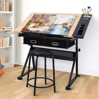 Table à dessin réglable en hauteur, table de dessin inclinable 0-75, bureau d'art pour adultes, bureau d'artiste avec 2 tiroirs de rangement, avec tabouret