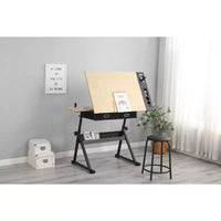 Table à dessin réglable en hauteur, table de dessin inclinable 0-75, bureau d'art pour adultes, bureau d'artiste avec 2 tiroirs de rangement, avec tabouret