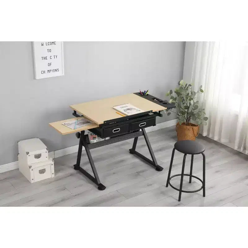 Table à dessin réglable en hauteur, table de dessin inclinable 0-75, bureau d'art pour adultes, bureau d'artiste avec 2 tiroirs de rangement, avec tabouret