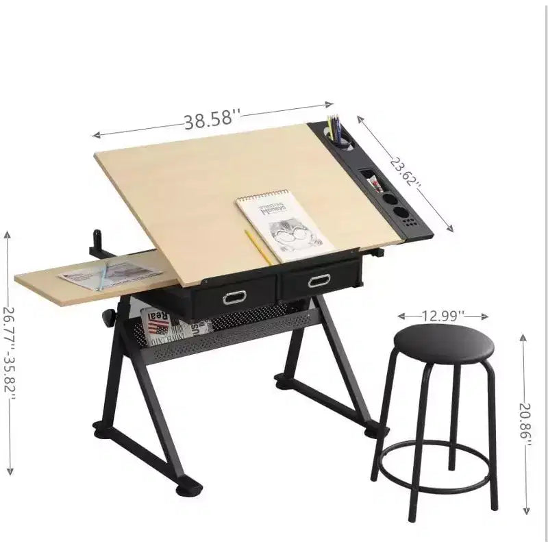 Table à dessin réglable en hauteur, table de dessin inclinable 0-75, bureau d'art pour adultes, bureau d'artiste avec 2 tiroirs de rangement, avec tabouret