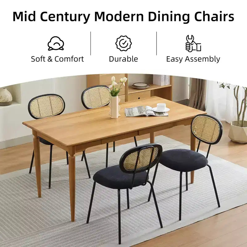 Chaises de salle à manger en velours modernes du milieu du siècle Acekool, lot de 2, chaises rembourrées à dossier en rotin et pieds métalliques pour cuisine, salon