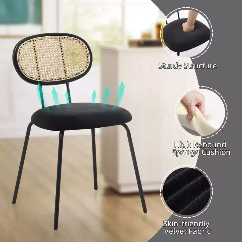 Chaises de salle à manger en velours modernes du milieu du siècle Acekool, lot de 2, chaises rembourrées à dossier en rotin et pieds métalliques pour cuisine, salon