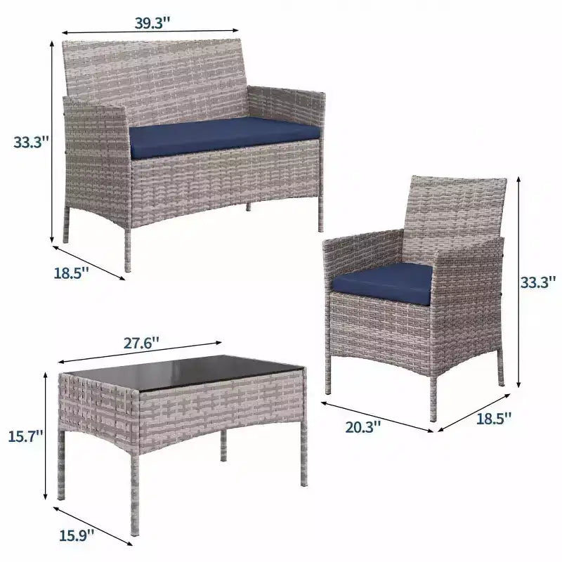 Ensemble de mobilier de patio 4 pièces, canapé d'extérieur en rotin avec 2 chaises et table basse, ensemble de bistrot moderne pour jardin et arrière-cour