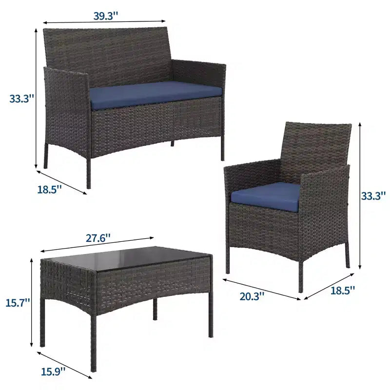 Ensemble de mobilier de patio 4 pièces, canapé d'extérieur en rotin avec 2 chaises et table basse, ensemble de bistrot moderne pour jardin et arrière-cour