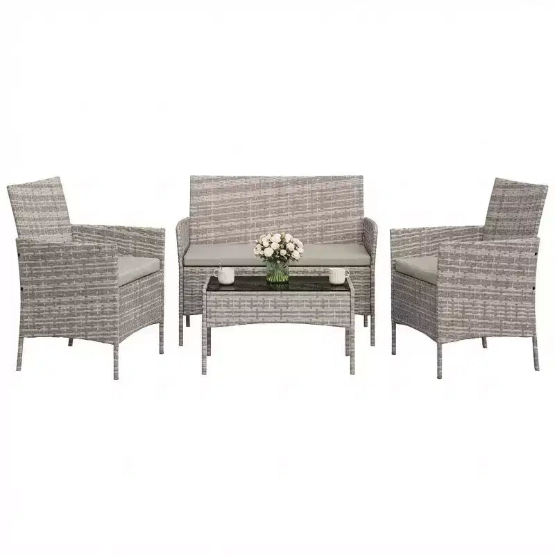 Ensemble de mobilier de patio 4 pièces, canapé d'extérieur en rotin avec 2 chaises et table basse, ensemble de bistrot moderne pour jardin et arrière-cour