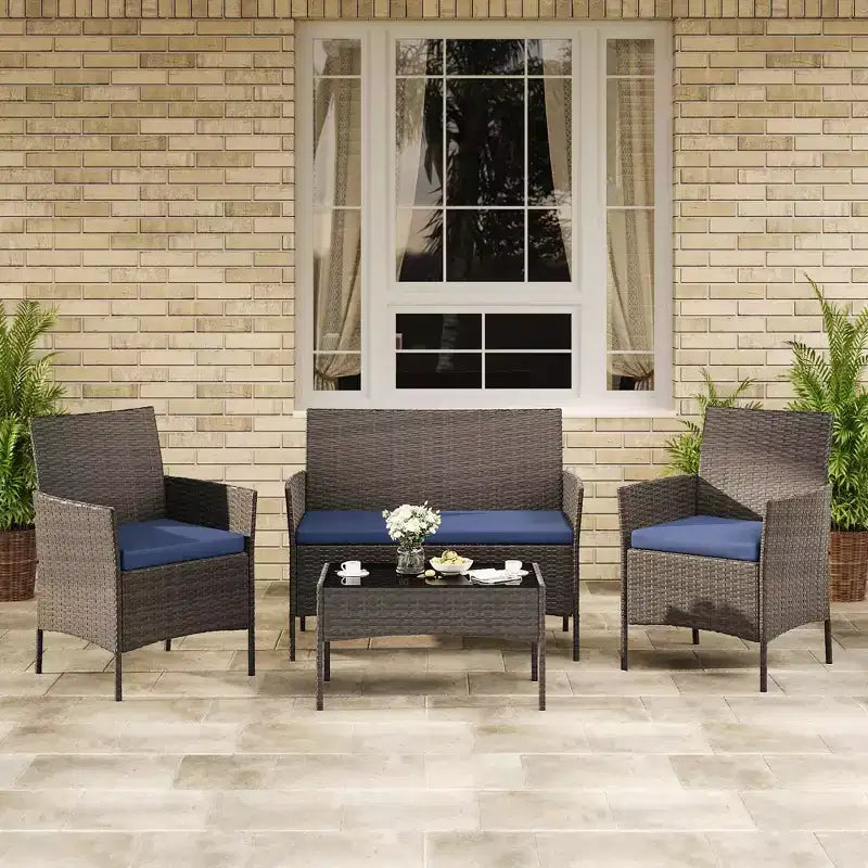 Ensemble de mobilier de patio 4 pièces, canapé d'extérieur en rotin avec 2 chaises et table basse, ensemble de bistrot moderne pour jardin et arrière-cour
