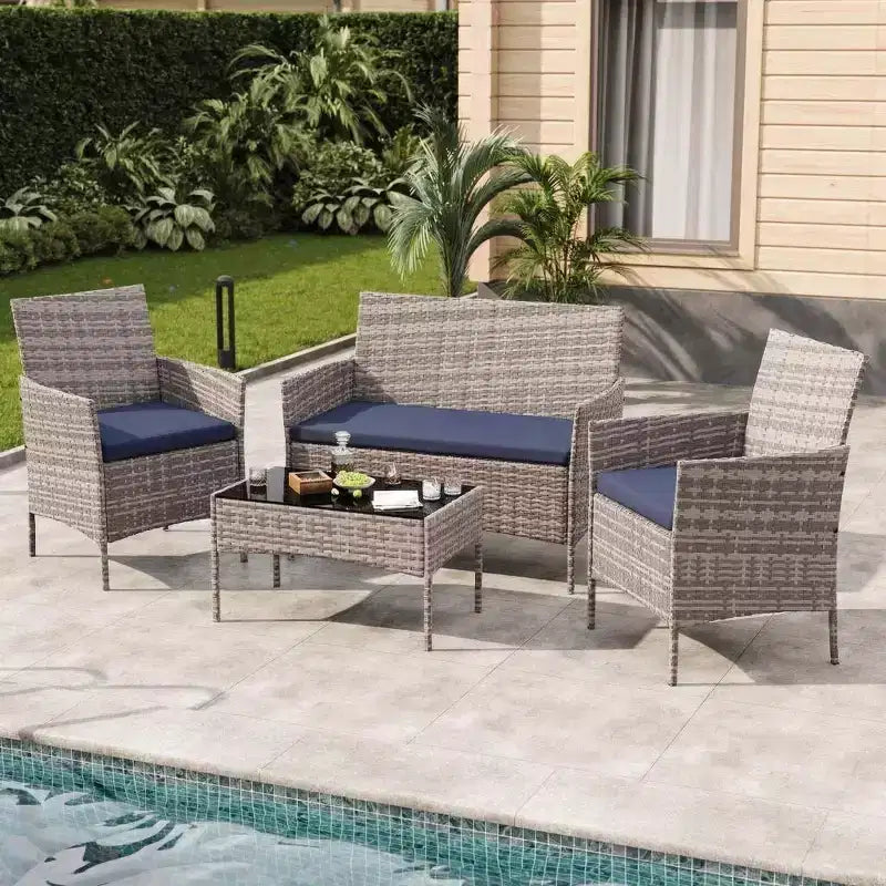Ensemble de mobilier de patio 4 pièces, canapé d'extérieur en rotin avec 2 chaises et table basse, ensemble de bistrot moderne pour jardin et arrière-cour