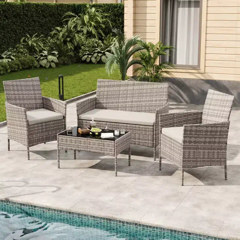 Ensemble de mobilier de patio 4 pièces, canapé d'extérieur en rotin avec 2 chaises et table basse, ensemble de bistrot moderne pour jardin et arrière-cour