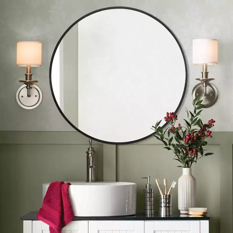 Miroir mural rond 24 à cadre en aluminium, miroir de salle de bain mural HD incassable sans distorsion en verre, miroir de courtoisie pour salon, entrée, chambre