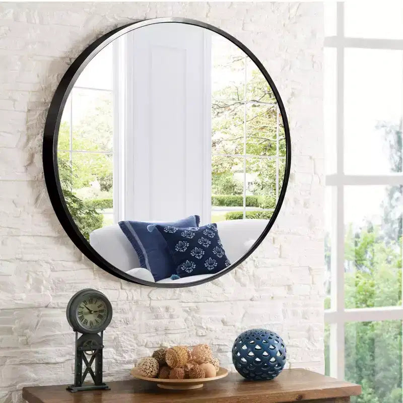 Miroir mural rond 24 à cadre en aluminium, miroir de salle de bain mural HD incassable sans distorsion en verre, miroir de courtoisie pour salon, entrée, chambre