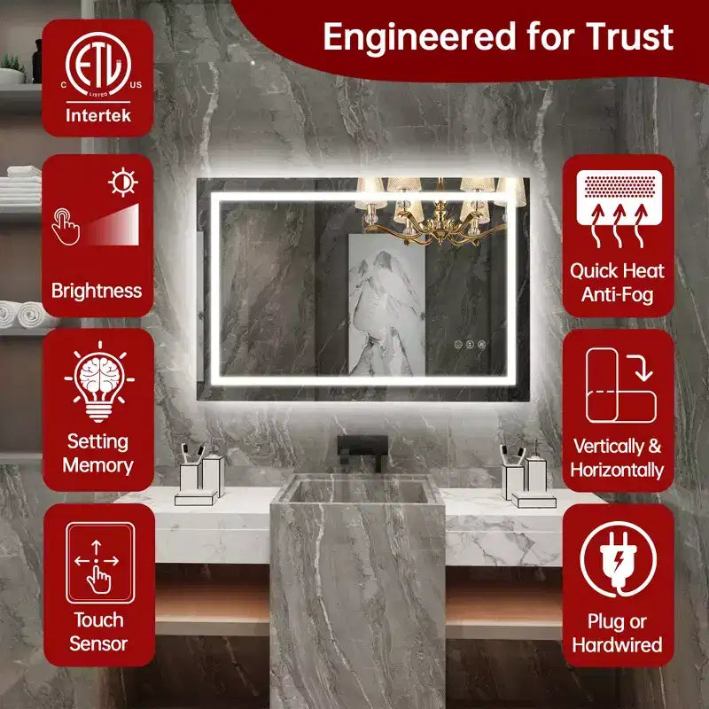 Miroir de coiffeuse mural SUMERAIN 24x36 po en verre trempé, anti-buée, certifié ETL, miroir de salle de bain intelligent à mémoire