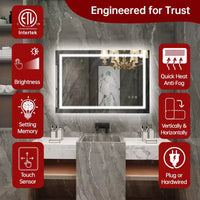 Miroir de coiffeuse mural SUMERAIN 24x36 po en verre trempé, anti-buée, certifié ETL, miroir de salle de bain intelligent à mémoire